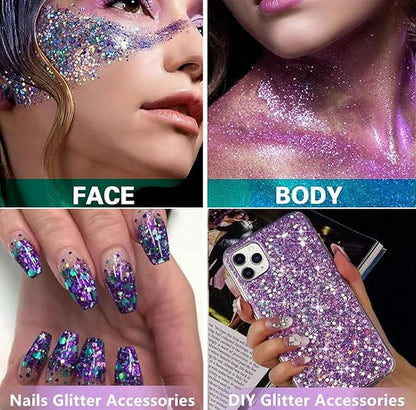 Go Ho Mermaid Purple Face Body Glitter Gel,Mardi Gras Outfit for Women Kids,Holographic Mermaid Chunky Sequins Glitters for Eye Lip Hair Nails,Festival Rave Accessories,52g