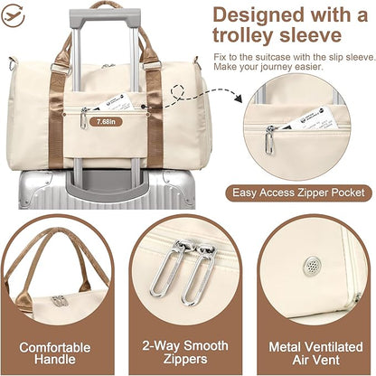 FIORETTO Womens Gym Tote Duffle Bag with Wet Pocket & Shoe Compartment, Sports Duffel Overnight Weekender Hospital Workout Carry on Bag for Girls, Ideal for Travel, Swimming, Dance, Ballet Beige