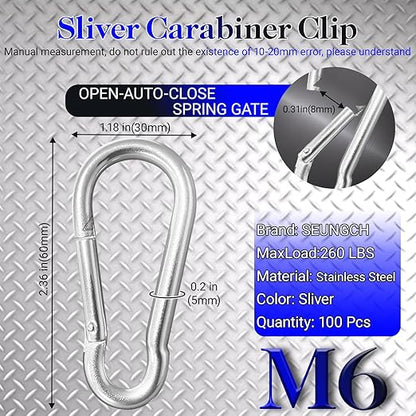 100Pcs 2.36" Sliver Carabiners Clip, M6 Galvanized Steel Small Spring Snap Hook, Keychain Clip, Quick Link Key Chain for Hammock Swing Set Outdoor Travel, Camping, Fishing, Hiking