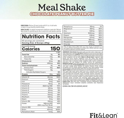 Fit & Lean Meal Shake Meal Replacement with Protein, Fiber, Probiotics and Organic Fruits & Vegetables, Chocolate Peanut Butter Pie, 1lb, 10 Servings