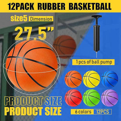 Jerify 12 Pack Official Size Rubber Basketballs for Kids Child Junior Youth Indoor Outdoor Sports Basket Balls with Pump Back to School Student Gifts Operation Christmas Bulk Items