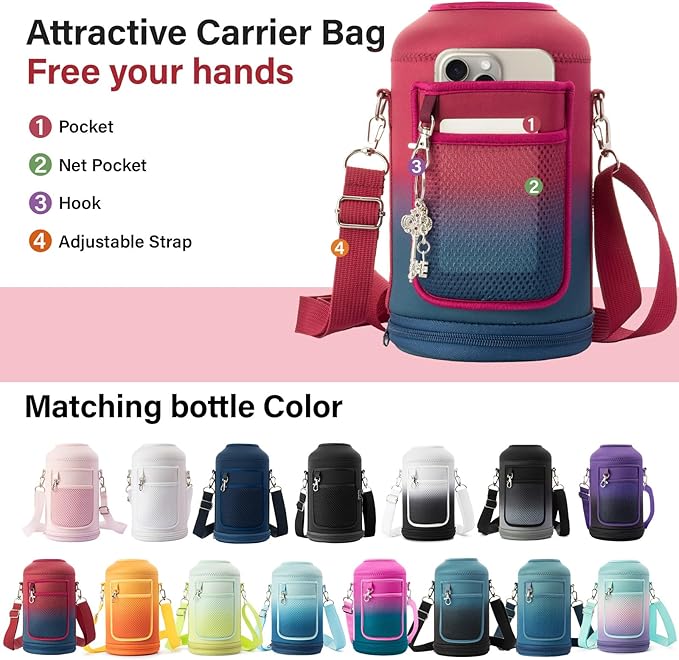 Insulated Water Bottle | Thickened Stainless Steel Vacuum Metal | Portable Sports Half Gallon Large Water Jug for Gym and Hiking with Straw, Carrier Bag, Handle Strap | BPA-Free 64 oz