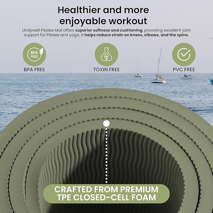 Lindywell Pilates Yoga Workout Mat Non Slip 6mm, 8mm, 10mm Thick - 6ft x 26in