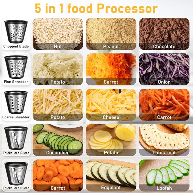 Electric Cheese Grater 5 In 1 Professional One-Touch Control Professional electric slicer/shredder, Spiralizer for Veggies, Carrots