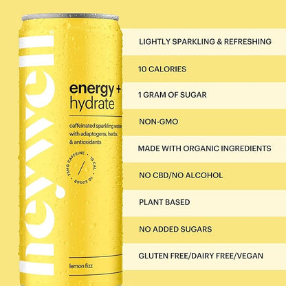 Heywell Sparkling Adaptogenic Water Energy and Focus, Lemon Fizz Flavor 12 Fluid Ounce (Pack of 12) - Caffeinated, Organic, Non GMO, Vegan, Gluten Free, Dairy Free