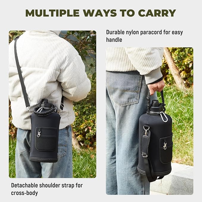 2 Pack 128 oz Insulated Water Bottle, Triple Wall Stainless Steel Flask, Keeps Drinks Cold for 48 Hrs Leak-Proof & BPA-Free Half Gallon Jug with Paracord Handle, Straw & Spout Lids(2 pack,Black)