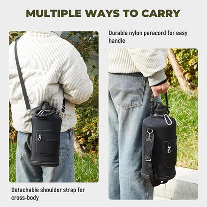 2 Pack 128 oz Insulated Water Bottle, Triple Wall Stainless Steel Flask, Keeps Drinks Cold for 48 Hrs Leak-Proof & BPA-Free Half Gallon Jug with Paracord Handle, Straw & Spout Lids(2 pack,Black)