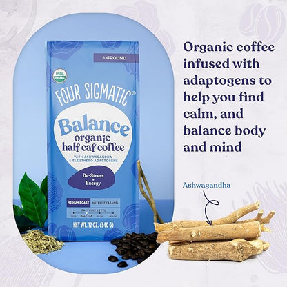 Four Sigmatic Organic Balance Adaptogen Ground Coffee | Medium Roast USDA Organic Coffee with Ashwagandha, Chaga Mushroom, Eleuthero and Tulsi for Focus and Energy Boosting | 12oz Bag
