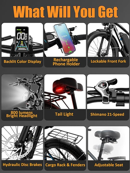 Ebike for Adults Electric, 52V 19.2Ah/32Ah, Peak 2000W/2500W E-Bike, 36/40MPH, 70 Miles/100Miles Long Range, Hydraulic Disc Brake, Off Road Snow Mountain E-Bike, 24"/26" Fat Tire Fast Electric Bicycle