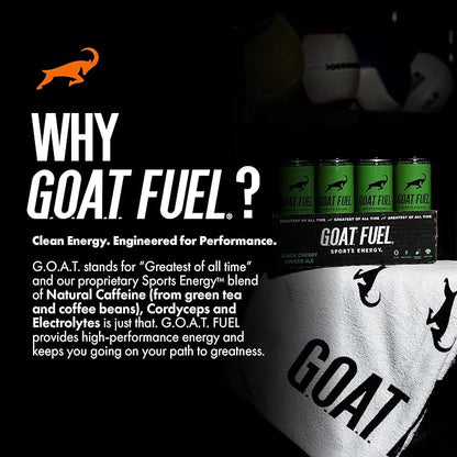 G.O.A.T. Fuel Energy Drink, Co-Founded by Jerry Rice, Natural Caffeine, Electrolytes, BCAAs, Cordyceps & Antioxidants, Light Carbonation Pre Workout, 12 Pack, 12 FL Oz, Black Cherry Ginger Ale