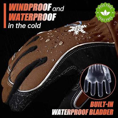 HANDLANDY Winter Insulated Work Gloves, 3M Thinsulate Thermal Water-Resistant Gloves for Men Women Touch Screen, Warm Ski Snowboard Cold Weather Gloves (Brown, Large)