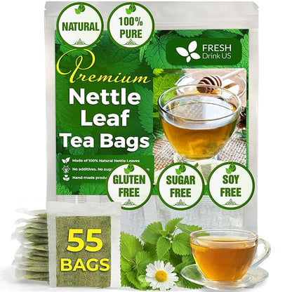 FreshDrinkUS, 55 Nettle Leaf Tea Bags, 100% Natural & Pure from Nettle Leaves. Loose Leaf Nettle Herbal Tea. Nettle Leaf Tea. No Sugar, No Caffeine, No Gluten, Vegan.