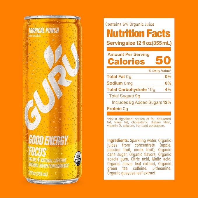 GURU Tropical Punch Organic Energy Drinks, Clean Energy Drink with Plant Based Natural Caffeine from Green Tea + L Theanine, Gluten Free and Vegan, 140MG Caffeine, Healthy Drinks, 12oz (Pack of 24)