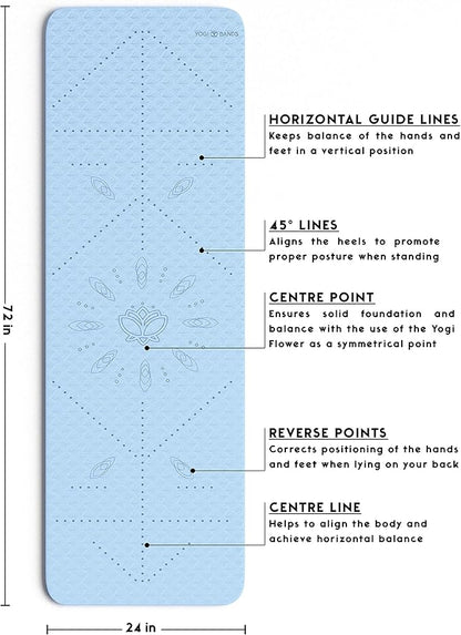 Premium TPE Yoga Mat - Body Alignment Guide Lines and Non-Slip Grip - Perfect for Home Exercise and Gym Workout - Light, Portable, Compact - Travel-Friendly Shoulder Strap