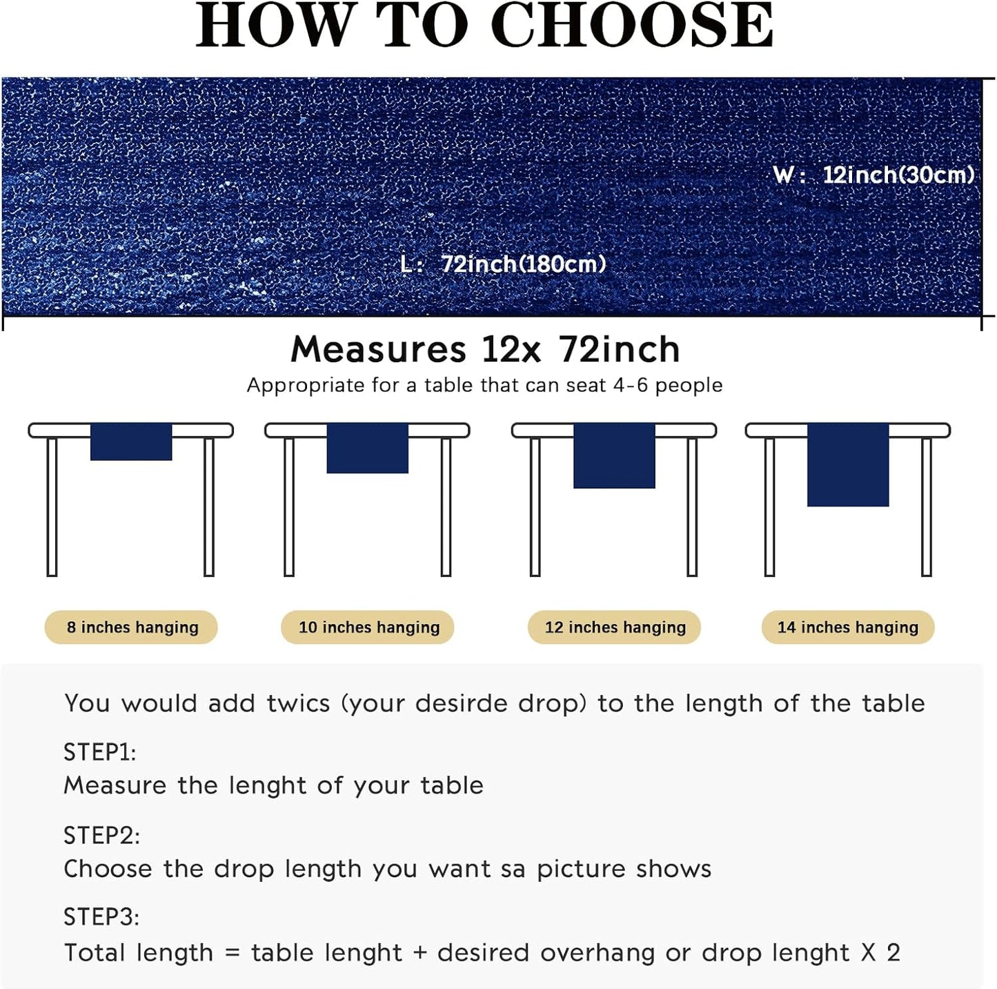 10 Packs 12 x 72 inches Sequin Table Runner, Navy Blue Glitter Table Runner for Birthday Party Supplies Wedding Engagement Baby Shower Holiday Celebration Event Decorations