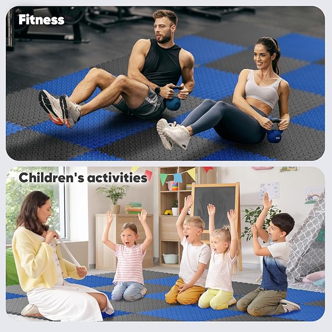 Home Gym Mat, Puzzle Exercise Mat, EVA Interlocking Foam Floor Tiles for Home Workout Equipment and Kids' Play Areas - Blue, 24 in x 24 in x ½ in - 12 Tiles (Blue, 12 Pack 48 sq ft)