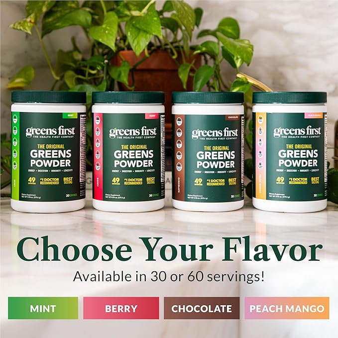 Greens First Original Greens Powder - 49 Superfoods - Organic Fruits & Veggies - Prebiotics, Probiotics, Digestive Enzymes - Antioxidant Smoothie - Dairy Free, Vegan, Non-GMO (Chocolate, 60 Servings)