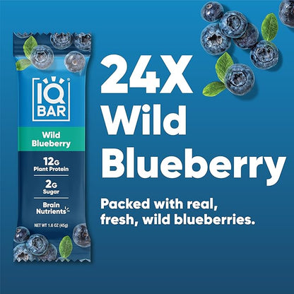 IQBAR Brain and Body Plant Protein Bars - Wild Blueberry - 24-Count Low Carb - Gluten Free, High Fiber, Vegan Snacks - Low Sugar Meal Replacement