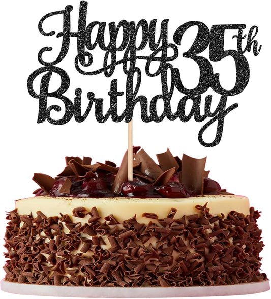 1 PCS Happy 35th Birthday Cake Topper Glitter Cheers to 35 Years Birthday Cake Pick 35 Fabulous Cake Decoration for Happy 35th Birthday Theme Party Decorations Supplies Black