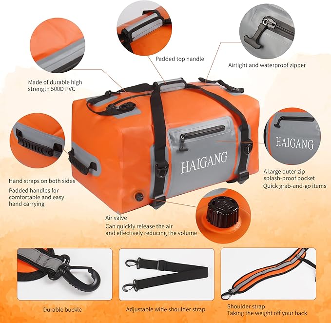 150L Waterproof Duffel Bag Travel Dry Bag, Large Capacity, Adjustable Thickened Straps and Handles, Zip Closure, Air Valve, Keep Equipment Safe, Suitable for Boating Rafting Orange