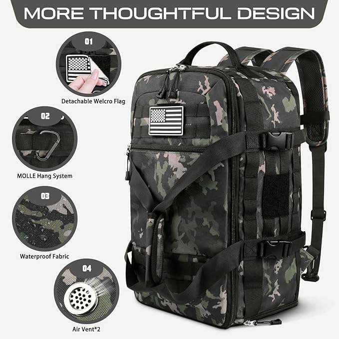 ETRONIK Gym Bags for Men, Tactical Duffle Bag Backpack with Shoe Compartment, 3 in 1 Carry on Bag Travel Backpack with Wet Pocket, Weekender Overnight Range Bag for Workout Football Gym, Camouflage