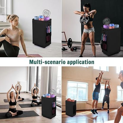 Yoga Mat Storage Racks, Home Gym Storage Rack with Wheels, Yoga Mat Holder Side 2 Mesh Pockets, Yoga Storage Basket Holds 4 Yoga Mats, 2 Foam Rollers, 6 Resistance Bands