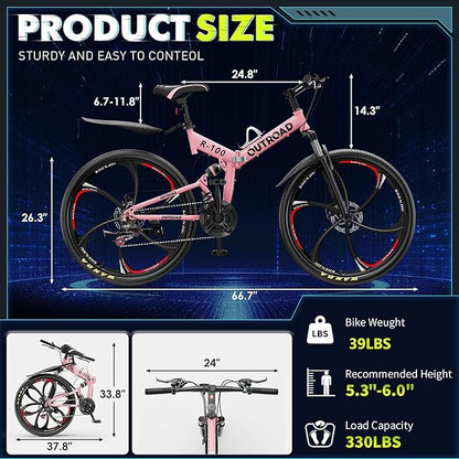26 Inch Folding Mountain Bike, 21 Speed Full Suspension Bicycle with High-Carbon Steel, Dual Disc Brake Non-Slip Quick Release tire Folding Bicycle for Adults/Men/Women