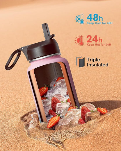 40 oz Insulated Water Bottle with Straw&3 Lids, Coolflask Stainless Steel Metal flask Wide Mouth for Sports or Office, Non-BPA Keep Cold Up to 48 Hrs or Hot Up to 24 Hrs, Bubblegum Princess