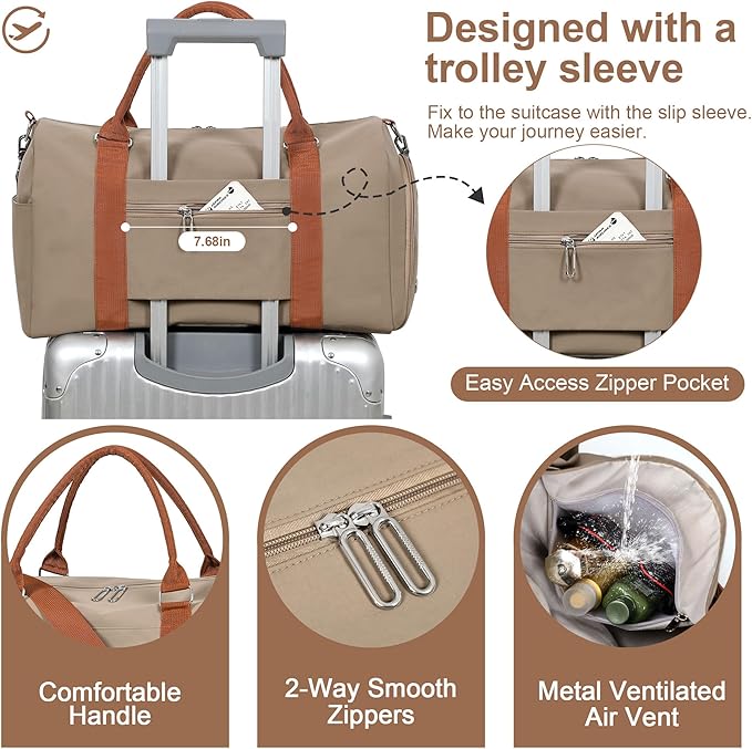 FIORETTO Womens Gym Tote Duffle Weekender Bag with Wet Pocket & Shoe Compartment, Ideal for Travel, Swimming, Dance, Khaki