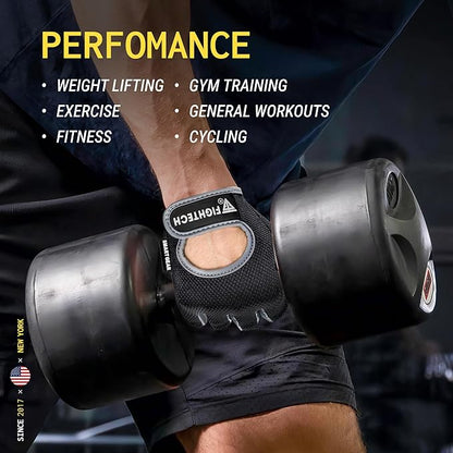 FIGHTECH Workout Gloves for Men and Women, Fingerless Weight Lifting Gloves with Cushioned Palms, Gym Gloves for Exercise Fitness Training Climbing Cycling, Breathable and Lightweight