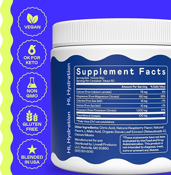 Hi-Lyte Keto & Performance - K1000 Electrolyte Powder Mix - Blue Raspberry - 1000mg Potassium + Magnesium, Calcium, Trace Minerals - Keto Drink for Cramp Support, Fasting, Recovery - No Sugar/Carbs