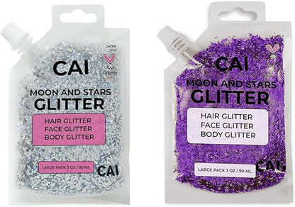 Hair Glitter Gel – Body Glitter for Kids and Women – Iridescent Cosmetic-Grade Gel w/Moon & Stars for Hair, Body & Face, Applies Smoothly w/o Glue & Washes Off Easily, 3 Oz - Purple/Silver 2Pack