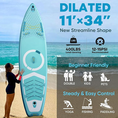 Inflatable Paddle Board,Stand Up Paddle Board Set, Extra Wide SUP Board with Removable Fin, Floating Paddle, Hand Pump, Waterproof Phone Pouch,Traveling Board