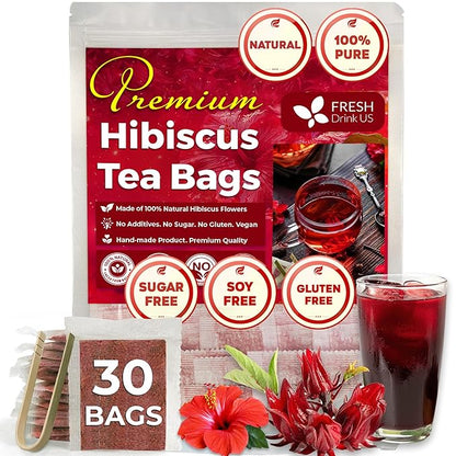 FreshDrinkUS Premium 30 Hibiscus Tea Bags, 100% Natural & Pure, Loose Flower Herbal Tea, No Sugar, Caffeine, Gluten, Vegan