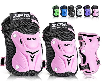 2PM SPORTS Knee Pads for Kids, Wrist Guards Knee and Elbow Pads Set with Drawstring Bag, Protective Gear Set for Girls Boys Roller Skating Cycling Skateboard - Pink Small