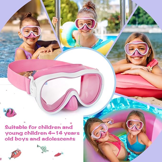 Kids Swim Goggles 180° Snorkel Diving Mask with Nose Cover, Anti-Fog Kids Swimming Goggles with Elastic Fabric Strap for Kids Boys Girls