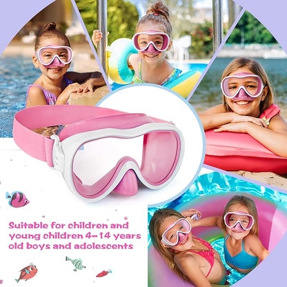 Kids Swim Goggles 180° Snorkel Diving Mask with Nose Cover, Anti-Fog Kids Swimming Goggles with Elastic Fabric Strap for Kids Boys Girls
