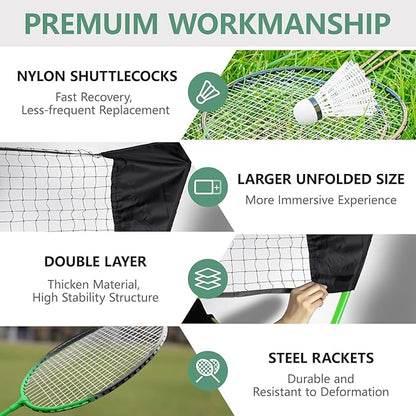 FBSPORT Badminton Set, Badminton Sets for Backyards, Portable Badminton Net Set with 2 Badminton Rackets 2 Shuttlecocks,10x5ft Net, Storage Base, Easy Setup for Backyard Combo Complete Badminton Set