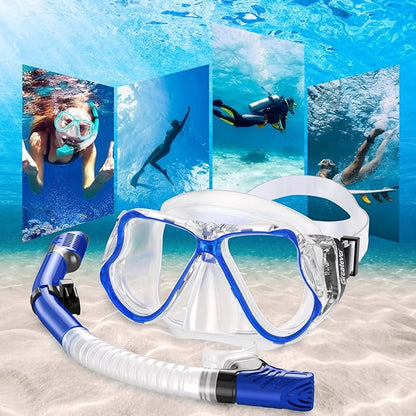 Greatever Dry Snorkel Set,Panoramic Wide View,Anti-Fog Scuba Diving Mask,Professional Snorkeling Gear