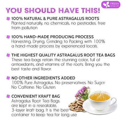 FreshDrinkUS Premium 55 Astragalus Root Tea Bags, 100% Natural & Pure. Astragalus Root Herbal Tea. Made With Natural Material Tea Bags. No Sugar, No Caffeine, No Gluten, Vegan