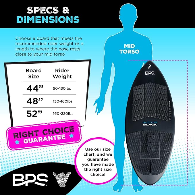 BPS New Zealand ‘Gator Black’ Fiberglass Skimboard with Padded Carry Bag Made from Recycled Plastics Performance Skimboard with Custom Traction Pads for Kids Adults Choose from 3 Sizes