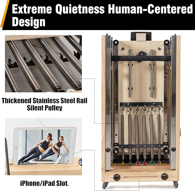 Foldable Wooden Pilates Reformer Machine with Ultra-Fiber Leather Seat, Oak Frame, Adjustable Resistance, Full-Size for Heights 4’ to 5’9”, Home and Studio Use, 480lbs Capacity