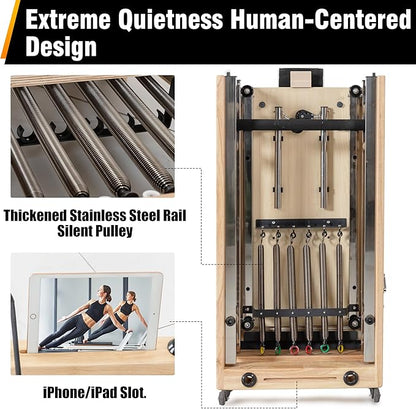 Foldable Wooden Pilates Reformer Machine with Ultra-Fiber Leather Seat, Oak Frame, Adjustable Resistance, Full-Size for Heights 4’ to 5’9”, Home and Studio Use, 480lbs Capacity