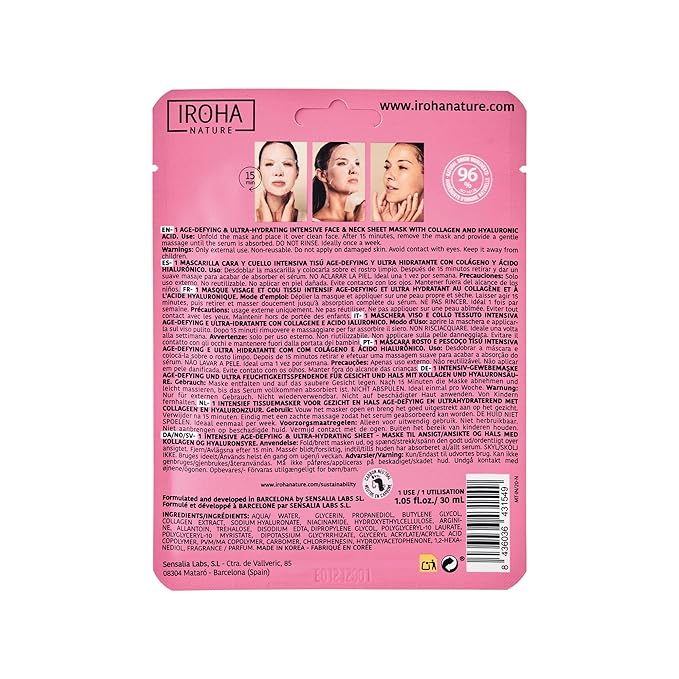 IROHA NATURE Face Masks - Packs for Better Skin (Pack of 5, Anti-Aging Face & Neck Tissue Mask with Collagen (96% Natural Ingredients))