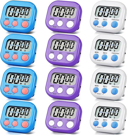 12 Pack Digital Kitchen Timer Magnetic Digital Timer with Big Display Loud Ring Cooking Timers for Kitchen Electronic Timer for Cooking, Bathing, Gym, Break Time, Classroom(12,White,Blue,Purple)