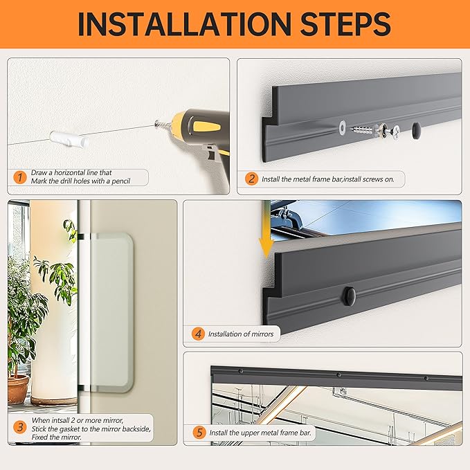 Hasipu 4 Pcs 48''x24'' Home Gym Mirror Large Full Length Wall Mounted Full Body Mirror for Yoga Dance Fitness Exercise Studio Bedroom Garage, Frameless Tempered Glass Workout Mirrors Black Rectangular