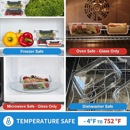 10-Pack Glass Food Storage Containers with Lids [Air-Tight,Leak-Resistant] Glass Containers for Food Storage, Meal Prep, Microwave, Freezer, Dishwasher Safe