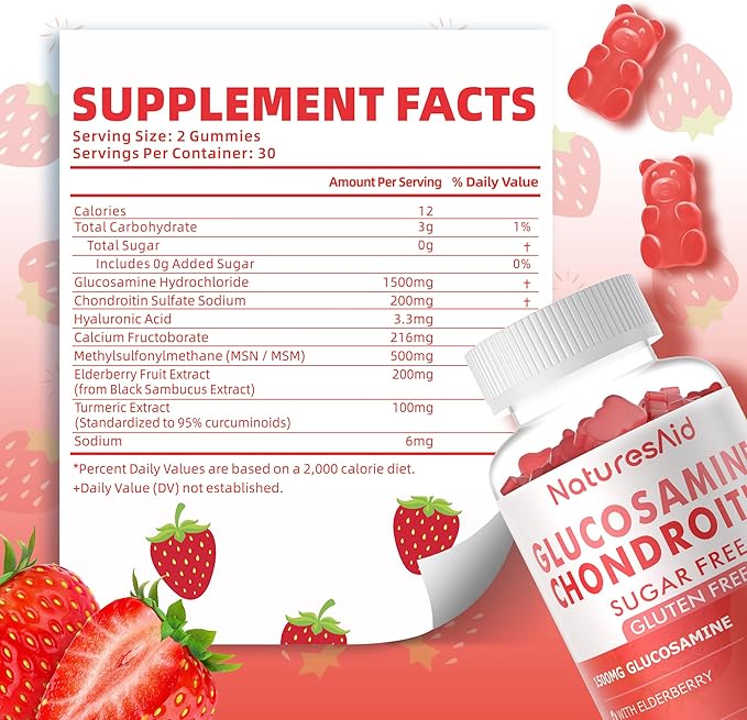 Glucosamine Chondroitin Gummies with MSM & Elderberry Extra Strength - Joint Support, Antioxidant Immune Support Supplement for Adults, Men & Women.(2 Pack) Strawberry