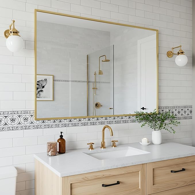 27x40 Inch Brass Bathroom Mirror for Wall, Aluminum Frame Rectangle Rectangular Vanity Mirror, Modern Large for Bedroom, Living Room, Horizontal or Vertical