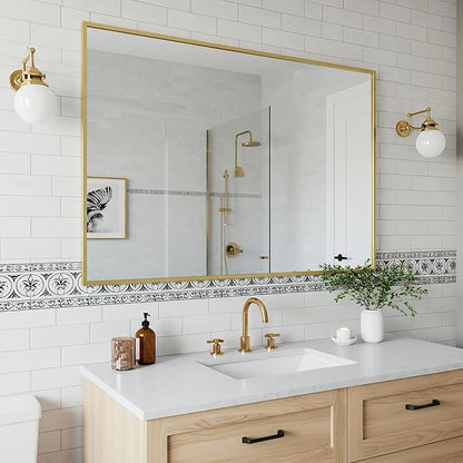 27x40 Inch Brass Bathroom Mirror for Wall, Aluminum Frame Rectangle Rectangular Vanity Mirror, Modern Large for Bedroom, Living Room, Horizontal or Vertical